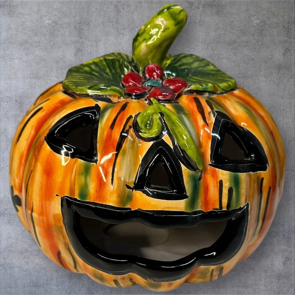 Hand Painted Ceramic Pumpkin Jack-O-Lantern H. MEX Mexican‎ Folk Art 7